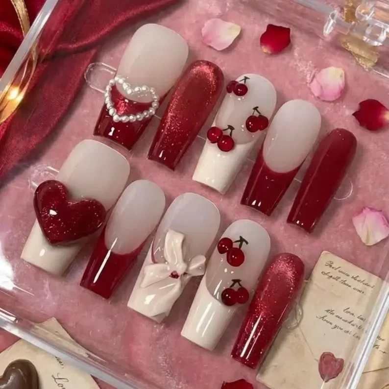 Short Square Nails, Romantic Valentine Nails, press on nails, custom press on nails, fake nails, Nails Art, stained glass nails, gold press on nails, 3d press on nails, luxury press on nails, handmade press on nails