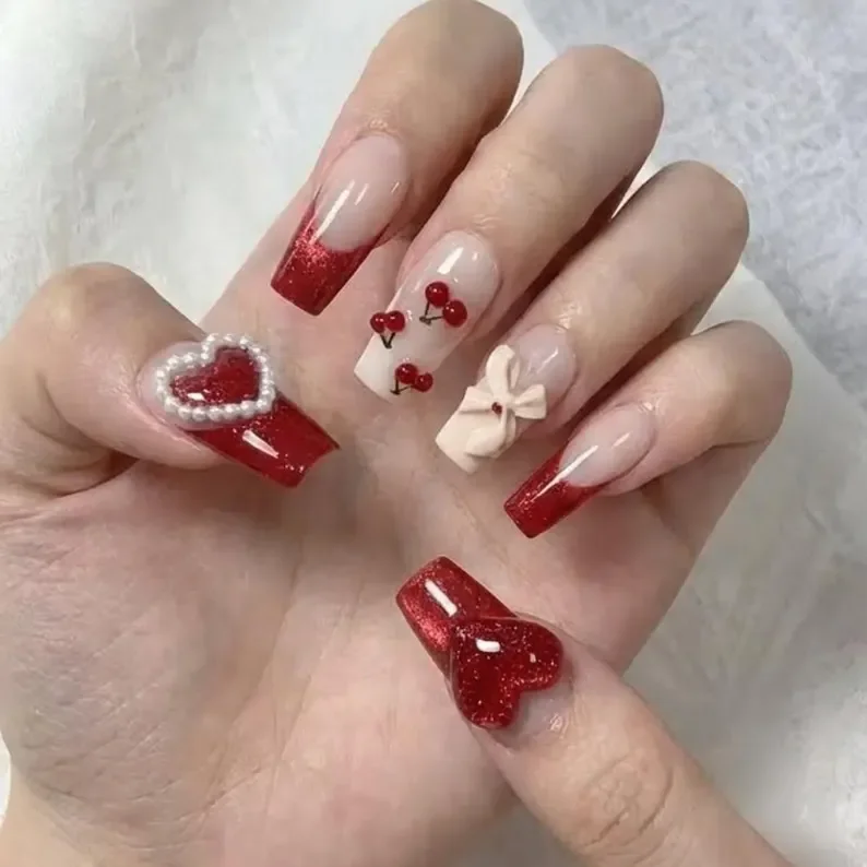 3D Cherry Heart, Press On Nails, press on nails, custom press on nails, fake nails, Nails Art, stained glass nails, gold press on nails, 3d press on nails, luxury press on nails, handmade press on nails