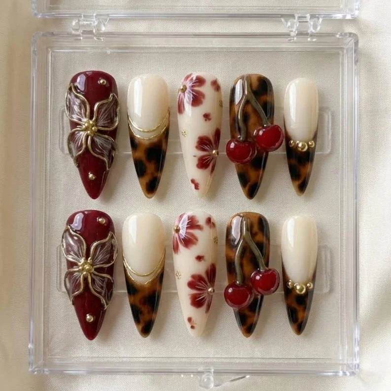 3D Cherry Press On, Burgundy Floral Nails, press on nails, custom press on nails, fake nails, Nails Art, stained glass nails, gold press on nails, 3d press on nails, luxury press on nails, handmade press on nails