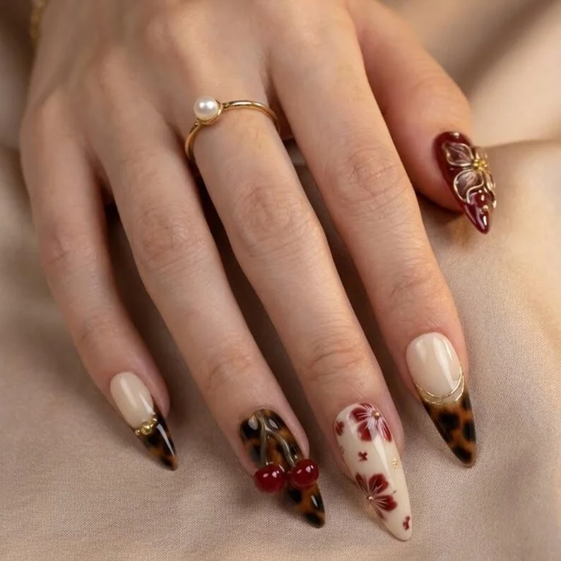 3D Cherry Press On, Burgundy Floral Nails, press on nails, custom press on nails, fake nails, Nails Art, stained glass nails, gold press on nails, 3d press on nails, luxury press on nails, handmade press on nails