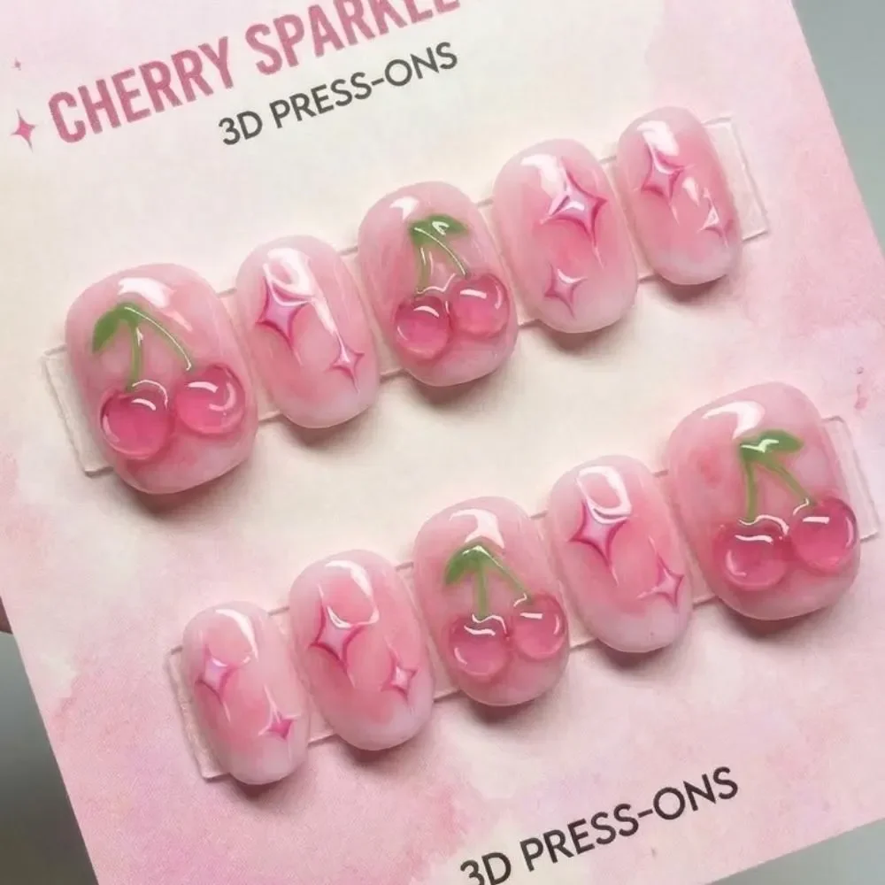 3D Cherry Sparkle, Super Short Nails, press on nails, custom press on nails, fake nails, Nails Art, stained glass nails, gold press on nails, 3d press on nails, luxury press on nails, handmade press on nails