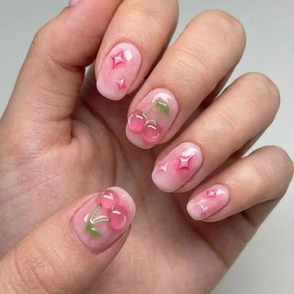 Handmade Press Ons, Sparkle Cherry Nails, press on nails, custom press on nails, fake nails, Nails Art, stained glass nails, gold press on nails, 3d press on nails, luxury press on nails, handmade press on nails