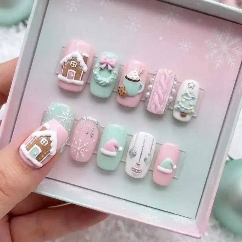 3D Christmas nails, Press-on nails, press on nails, custom press on nails, fake nails, Nails Art, stained glass nails, gold press on nails, 3d press on nails, luxury press on nails, handmade press on nails