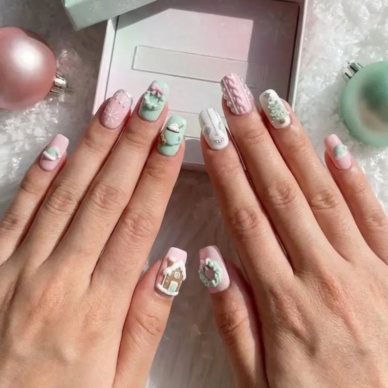 Pastel winter, Winter wonderland, press on nails, custom press on nails, fake nails, Nails Art, stained glass nails, gold press on nails, 3d press on nails, luxury press on nails, handmade press on nails