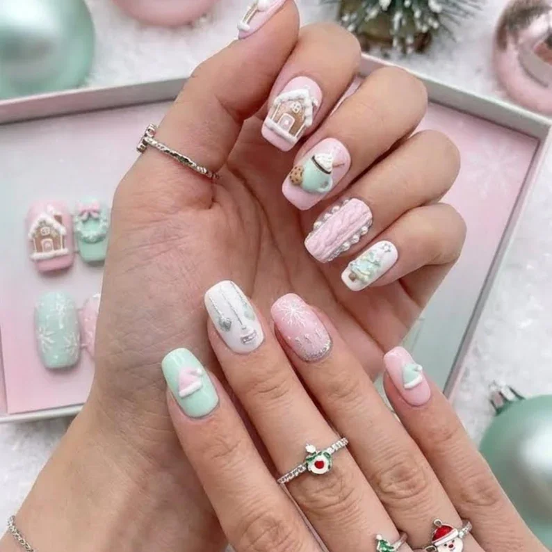 Gingerbread house, Christmas nail art, press on nails, custom press on nails, fake nails, Nails Art, stained glass nails, gold press on nails, 3d press on nails, luxury press on nails, handmade press on nails