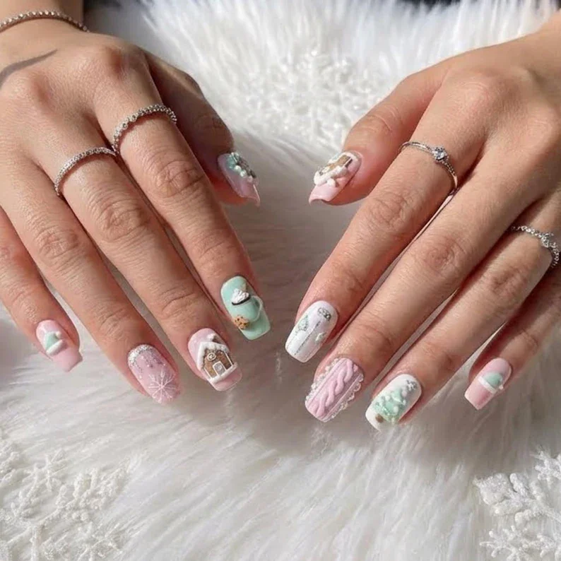 Holiday press-ons, Winter themed nails, press on nails, custom press on nails, fake nails, Nails Art, stained glass nails, gold press on nails, 3d press on nails, luxury press on nails, handmade press on nails