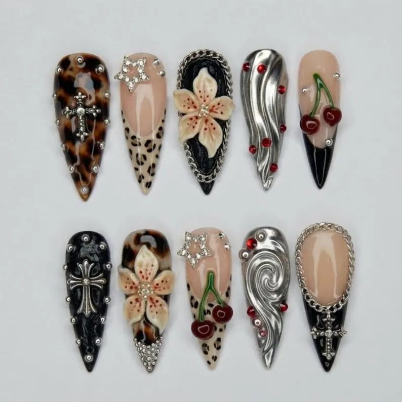 Lily Charms, Rockstar Nails, press on nails, custom press on nails, fake nails, Nails Art, stained glass nails, gold press on nails, 3d press on nails, luxury press on nails, handmade press on nails