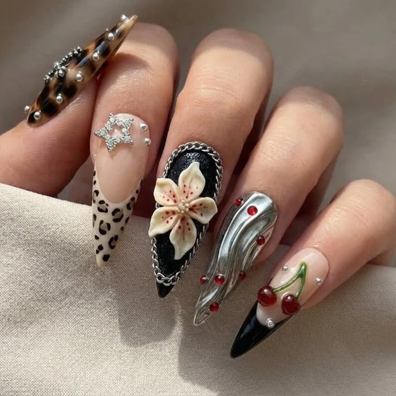 Gothic Rockstar, Cherry Charms, press on nails, custom press on nails, fake nails, Nails Art, stained glass nails, gold press on nails, 3d press on nails, luxury press on nails, handmade press on nails