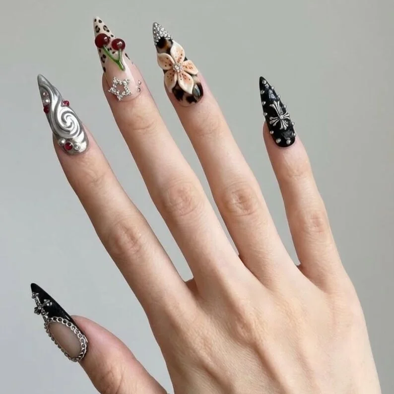 3D Chrome Nails, Cross Leopard, press on nails, custom press on nails, fake nails, Nails Art, stained glass nails, gold press on nails, 3d press on nails, luxury press on nails, handmade press on nails