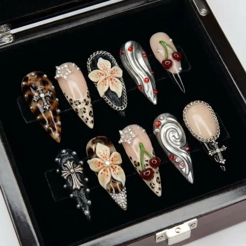 Gothic Rockstar, Cherry Charms, press on nails, custom press on nails, fake nails, Nails Art, stained glass nails, gold press on nails, 3d press on nails, luxury press on nails, handmade press on nails