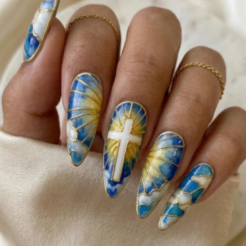 3D Chrome Cross, Stained Glass Nails, press on nails, custom press on nails, fake nails, Nails Art, stained glass nails, gold press on nails, 3d press on nails, luxury press on nails, handmade press on nails