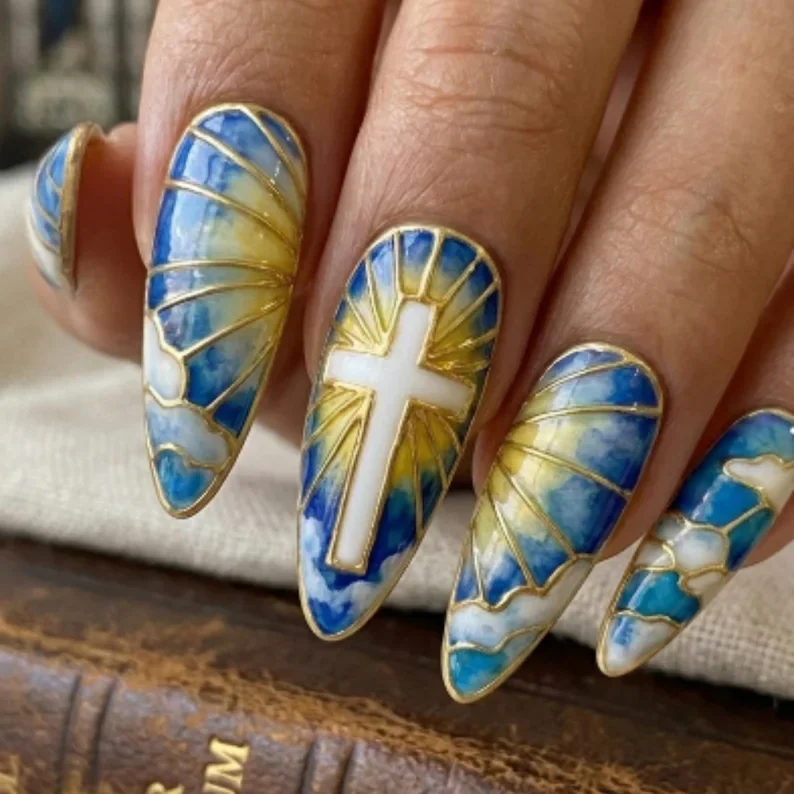 Heavenly Blue Sky, Sunbeams Art, press on nails, custom press on nails, fake nails, Nails Art, stained glass nails, gold press on nails, 3d press on nails, luxury press on nails, handmade press on nails