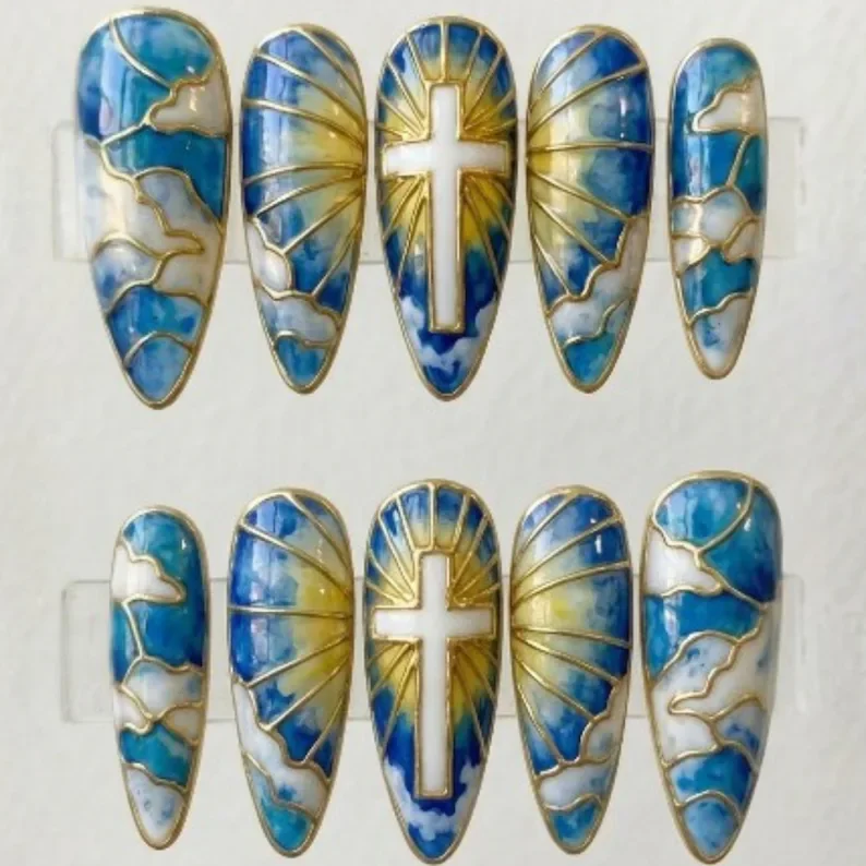 Cross Nail Design, Chrome Nail Art, press on nails, custom press on nails, fake nails, Nails Art, stained glass nails, gold press on nails, 3d press on nails, luxury press on nails, handmade press on nails