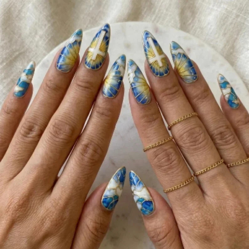 3D Cross Nails, Stained Glass Cross, press on nails, custom press on nails, fake nails, Nails Art, stained glass nails, gold press on nails, 3d press on nails, luxury press on nails, handmade press on nails