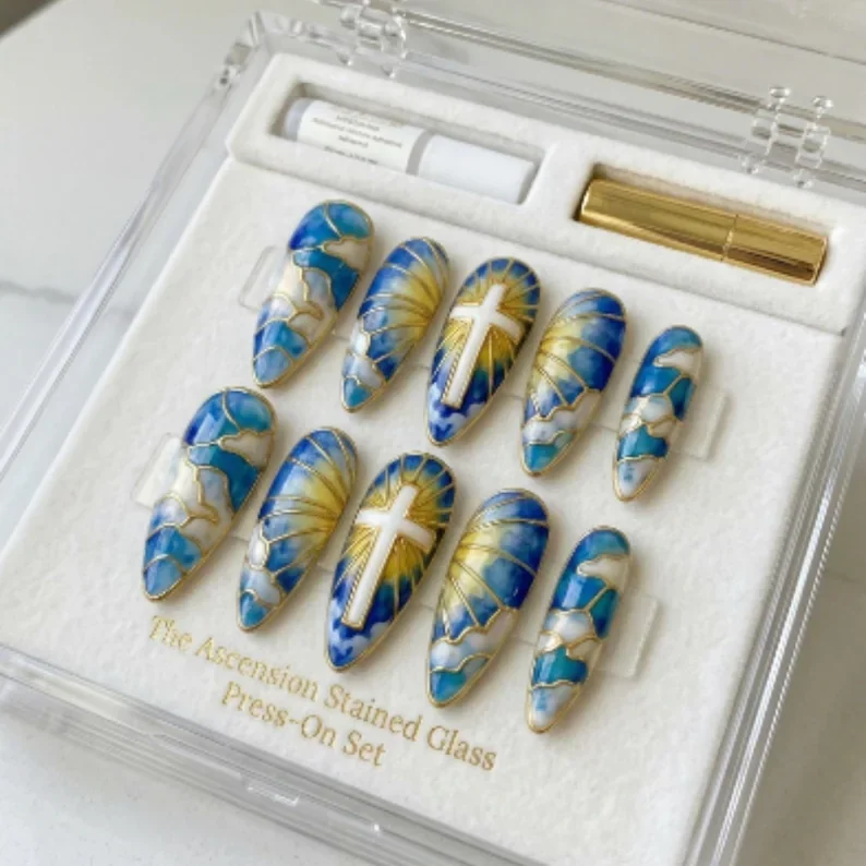 3D Chrome Cross, Stained Glass Nails, press on nails, custom press on nails, fake nails, Nails Art, stained glass nails, gold press on nails, 3d press on nails, luxury press on nails, handmade press on nails