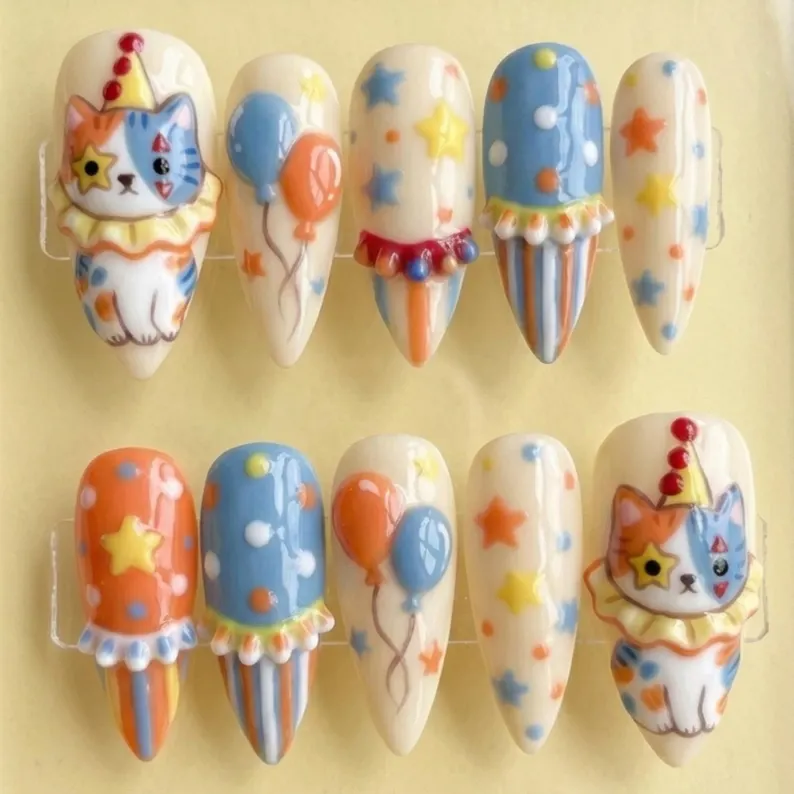Kawaii Nail Art, Clowncore Nails, press on nails, custom press on nails, fake nails, Nails Art, stained glass nails, gold press on nails, 3d press on nails, luxury press on nails, handmade press on nails