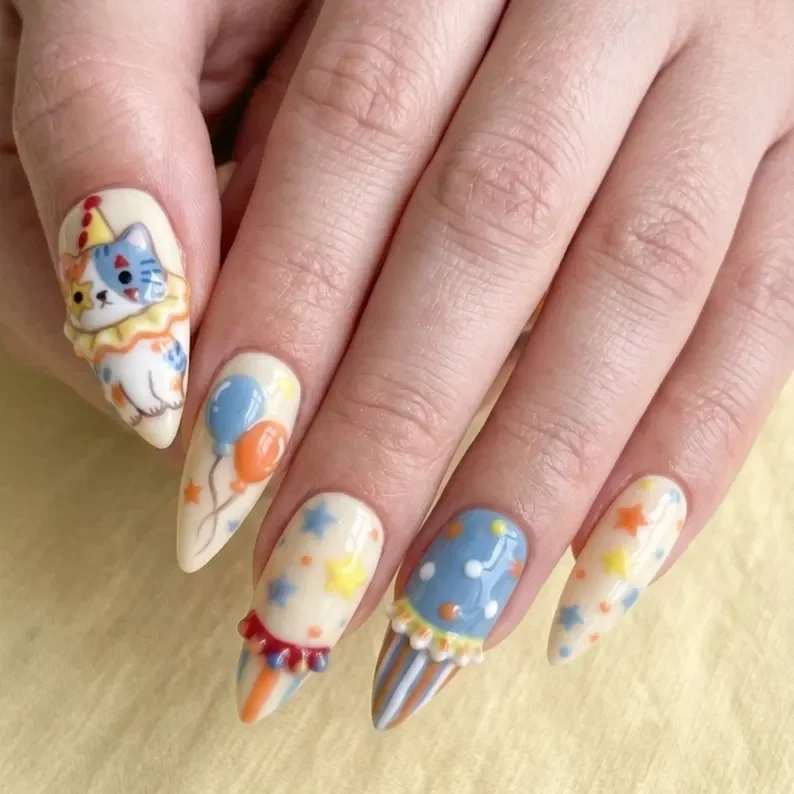 Kawaii Nail Art, Clowncore Nails, press on nails, custom press on nails, fake nails, Nails Art, stained glass nails, gold press on nails, 3d press on nails, luxury press on nails, handmade press on nails