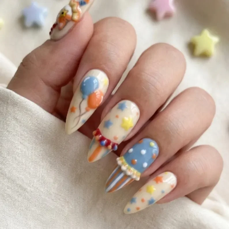 Clowncore Style, Balloons Nail Design, press on nails, custom press on nails, fake nails, Nails Art, stained glass nails, gold press on nails, 3d press on nails, luxury press on nails, handmade press on nails