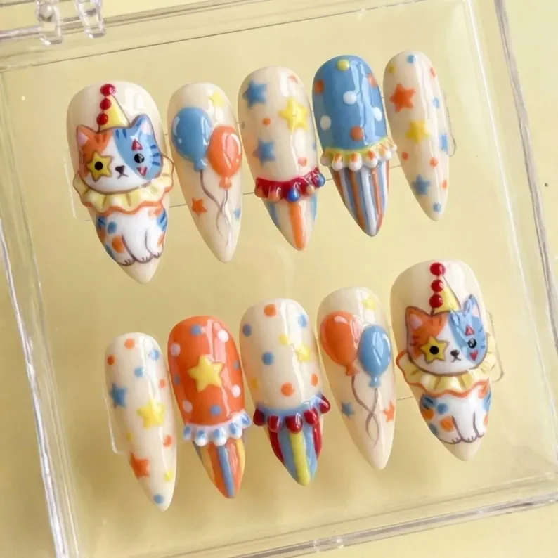3D Circus Clown, Press On Nails, press on nails, custom press on nails, fake nails, Nails Art, stained glass nails, gold press on nails, 3d press on nails, luxury press on nails, handmade press on nails
