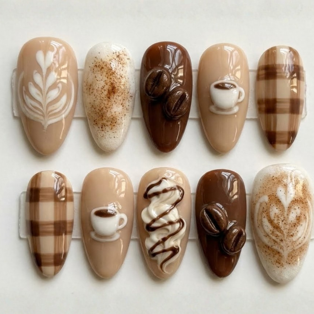 Espresso Bean Design, Warm Brown Nails, press on nails, custom press on nails, fake nails, Nails Art, stained glass nails, gold press on nails, 3d press on nails, luxury press on nails, handmade press on nails