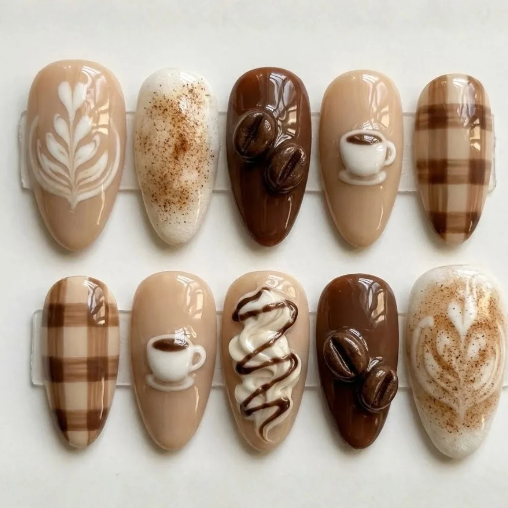 3D Coffee Press On Nails, Latte Art Nails, press on nails, custom press on nails, fake nails, Nails Art, stained glass nails, gold press on nails, 3d press on nails, luxury press on nails, handmade press on nails