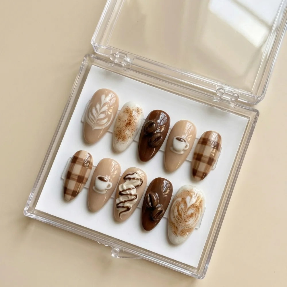 Espresso Bean Design, Warm Brown Nails, press on nails, custom press on nails, fake nails, Nails Art, stained glass nails, gold press on nails, 3d press on nails, luxury press on nails, handmade press on nails