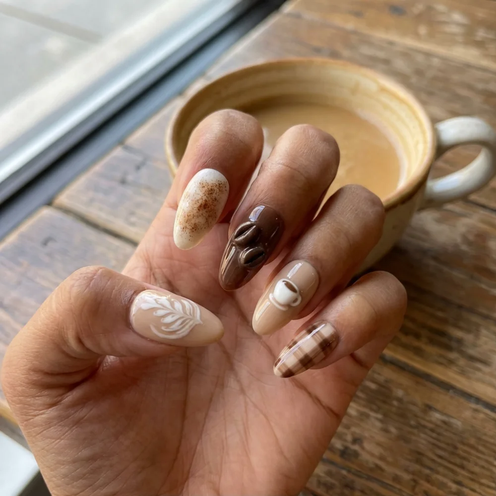 3D Coffee Press On Nails, Latte Art Nails, press on nails, custom press on nails, fake nails, Nails Art, stained glass nails, gold press on nails, 3d press on nails, luxury press on nails, handmade press on nails