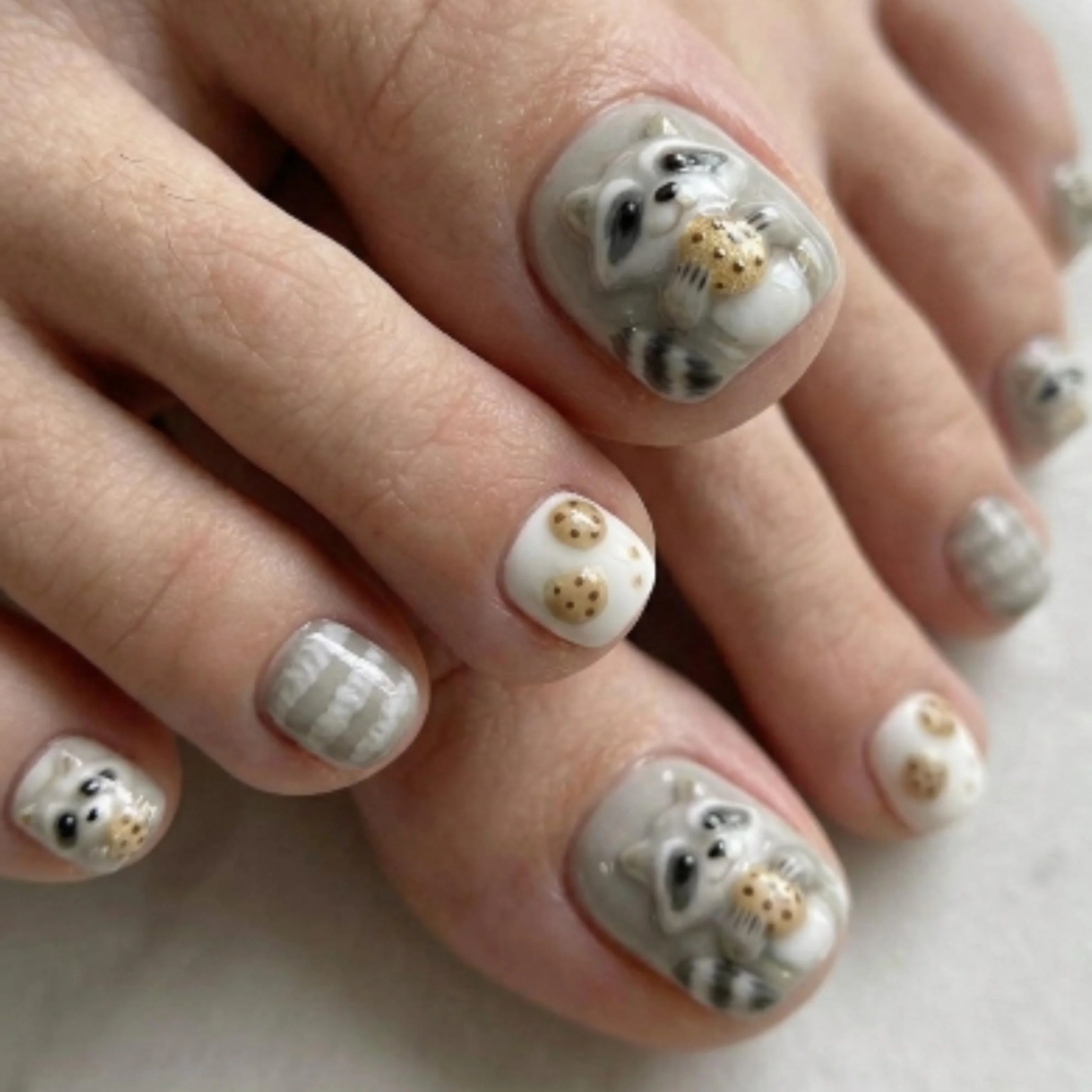 Press On Toes, Kawaii Trash Panda, press on nails, custom press on nails, fake nails, Nails Art, stained glass nails, gold press on nails, 3d press on nails, luxury press on nails, handmade press on nails
