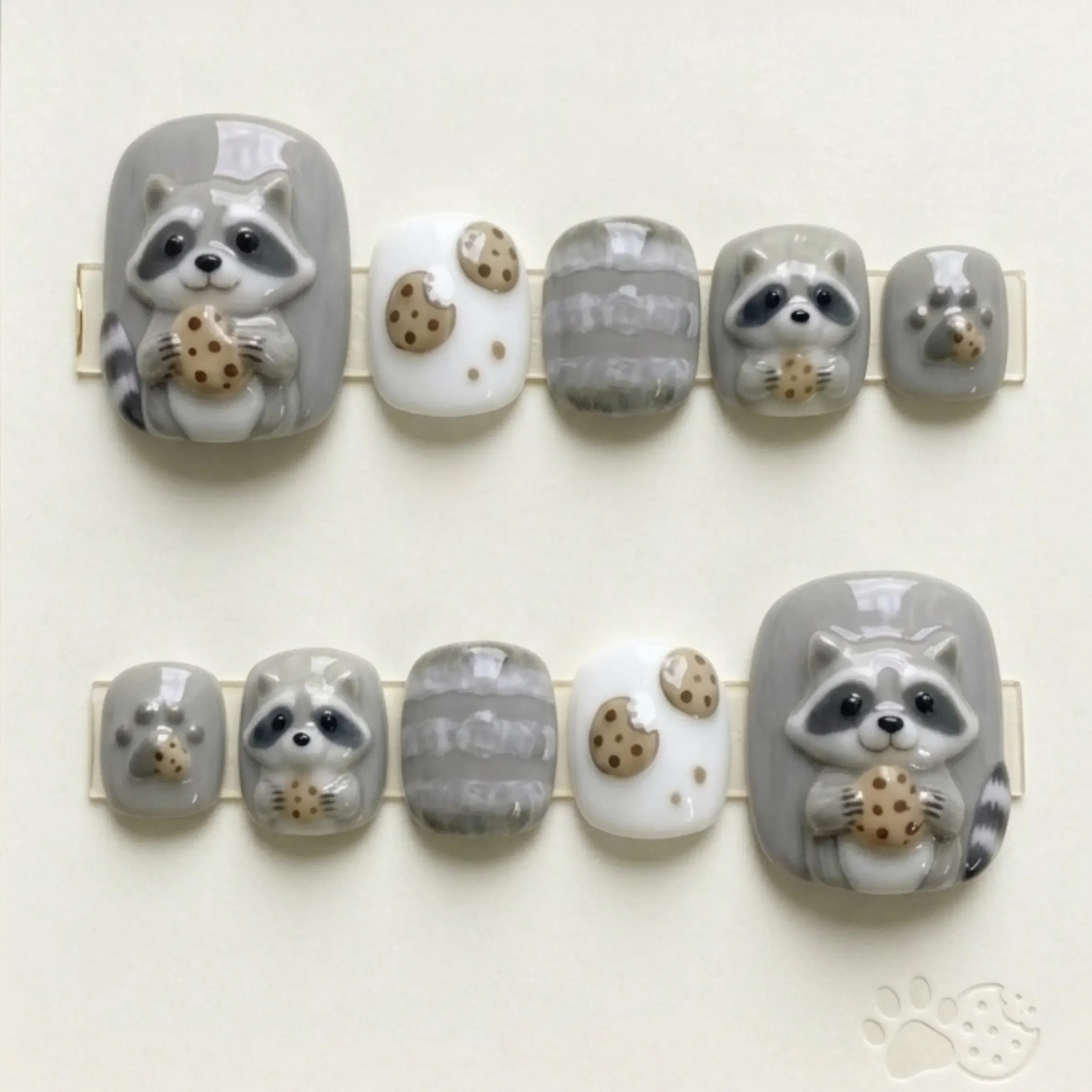 3D Cookie Bandit, Raccoon Press On, press on nails, custom press on nails, fake nails, Nails Art, stained glass nails, gold press on nails, 3d press on nails, luxury press on nails, handmade press on nails