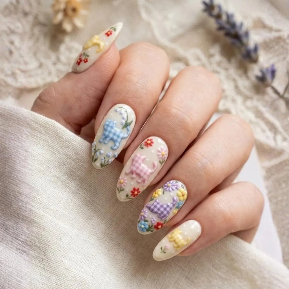 3D cottagecore nails, gingham floral nails, press on nails, custom press on nails, fake nails, Nails Art, stained glass nails, gold press on nails, 3d press on nails, luxury press on nails, handmade press on nails