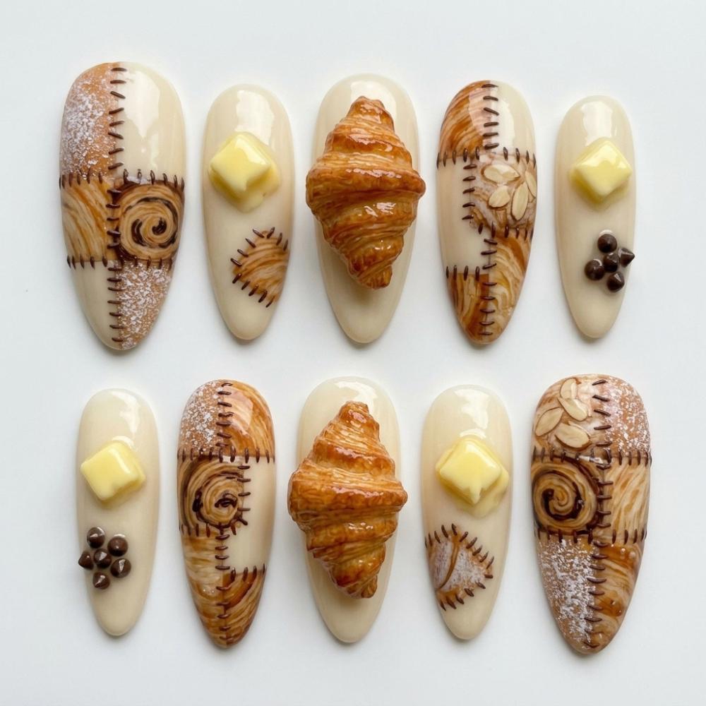 3D croissant nails, press on nails, custom press on nails, fake nails, Nails Art, stained glass nails, gold press on nails, 3d press on nails, luxury press on nails, handmade press on nails