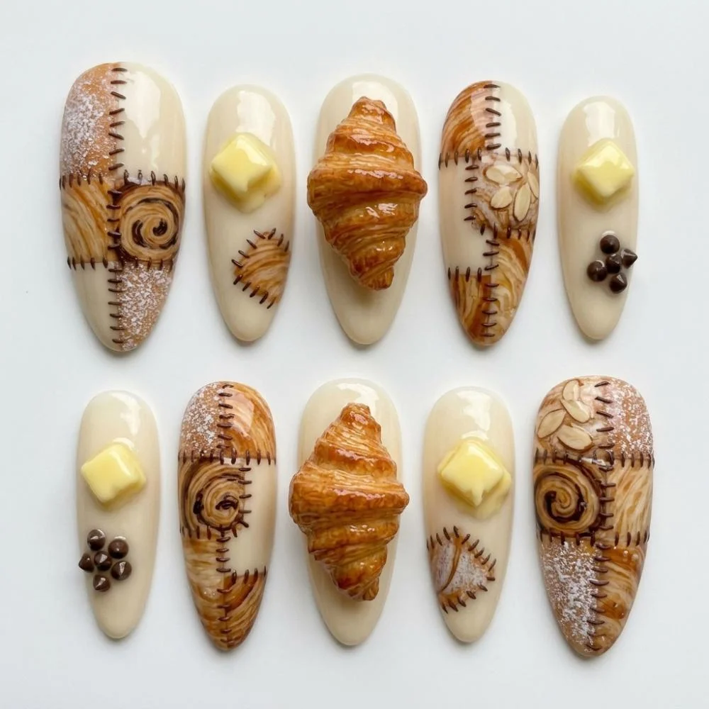 3D croissant nails, press on nails, custom press on nails, fake nails, Nails Art, stained glass nails, gold press on nails, 3d press on nails, luxury press on nails, handmade press on nails