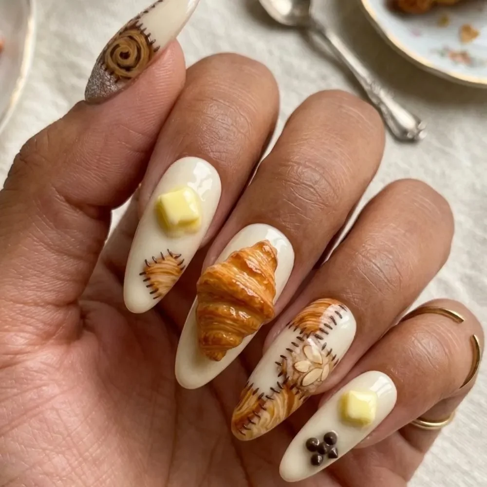 French pastry nails, realistic butter art, press on nails, custom press on nails, fake nails, Nails Art, stained glass nails, gold press on nails, 3d press on nails, luxury press on nails, handmade press on nails