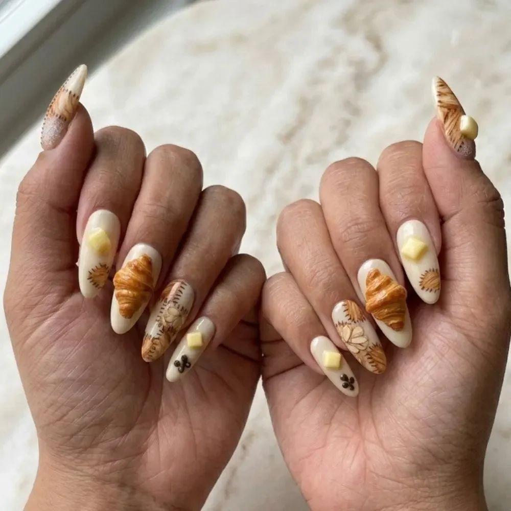 fake French nails, bakery themed nails, press on nails, custom press on nails, fake nails, Nails Art, stained glass nails, gold press on nails, 3d press on nails, luxury press on nails, handmade press on nails