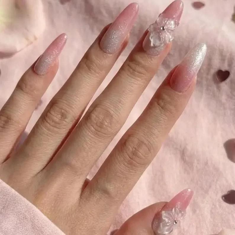 pink glitter ombre, fairycore nails, press on nails, custom press on nails, fake nails, Nails Art, stained glass nails, gold press on nails, 3d press on nails, luxury press on nails, handmade press on nails