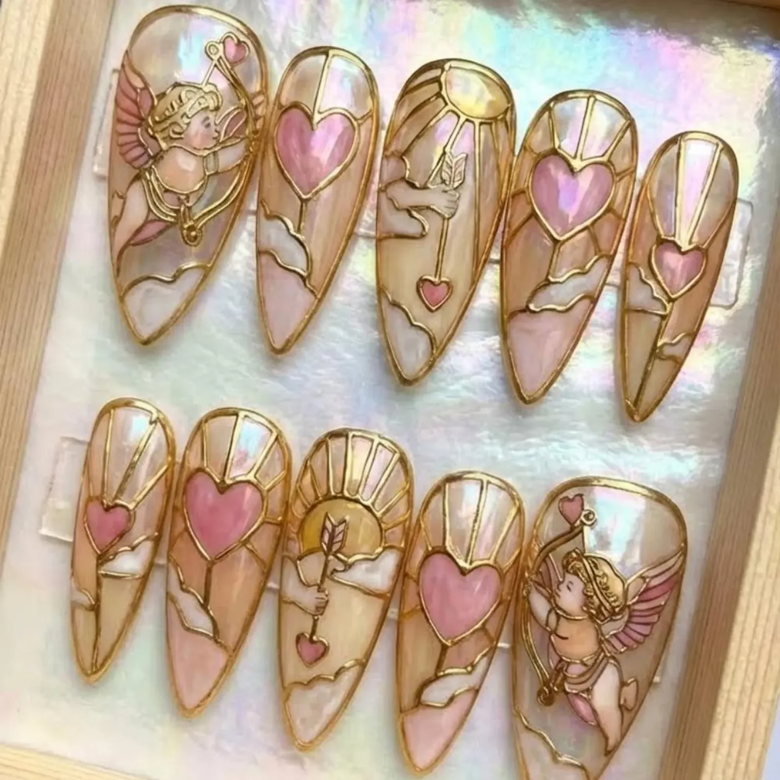 3D Cupid press on nails, stained glass heart, press on nails, custom press on nails, fake nails, Nails Art, stained glass nails, gold press on nails, 3d press on nails, luxury press on nails, handmade press on nails