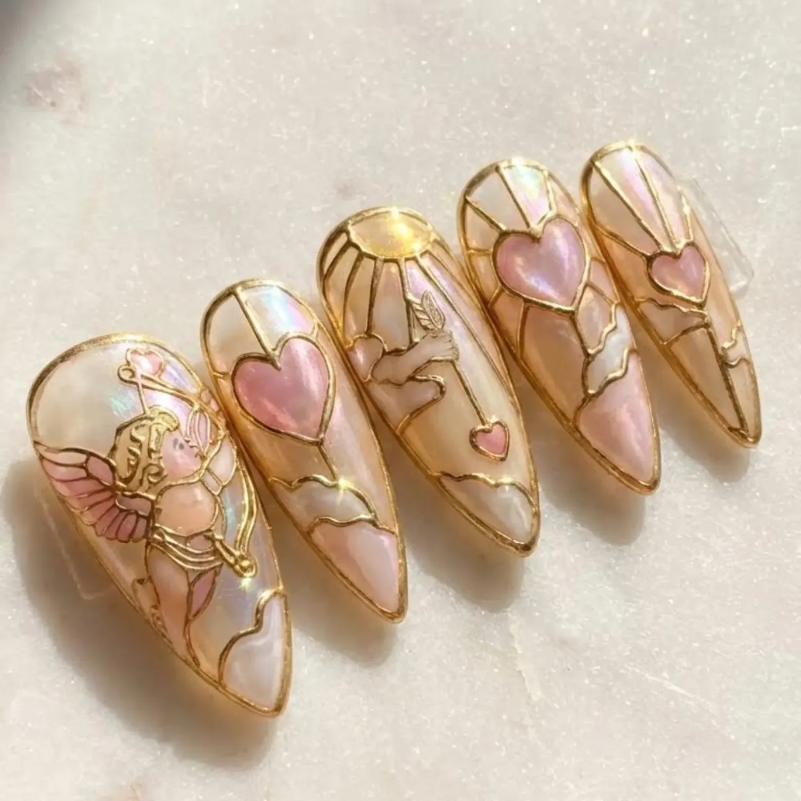 handmade press on nails, cupid heart nails, press on nails, custom press on nails, fake nails, Nails Art, stained glass nails, gold press on nails, 3d press on nails, luxury press on nails