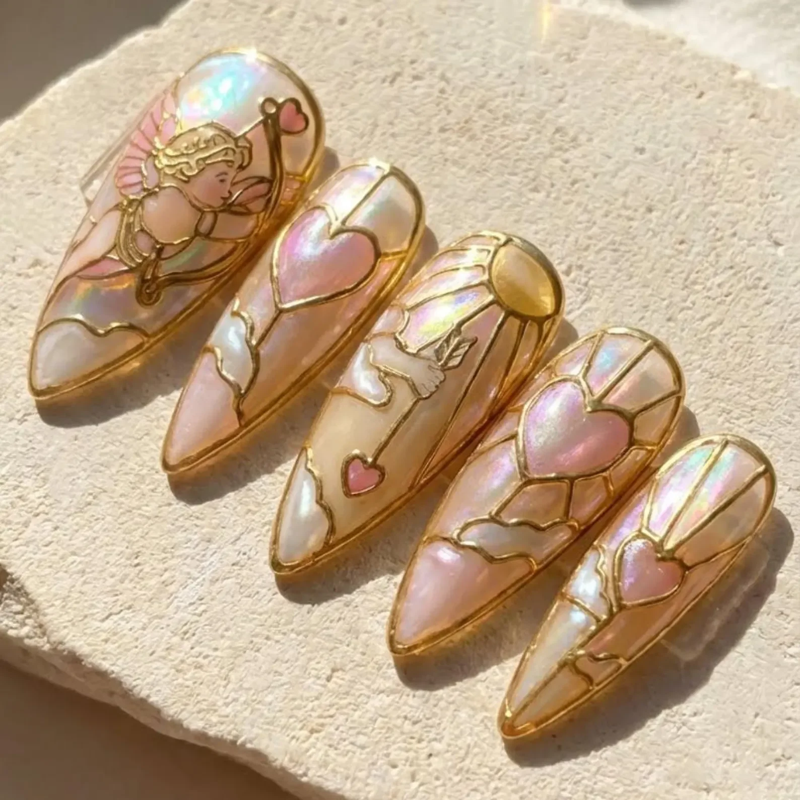 romantic press on nails, heart themed nails, press on nails, custom press on nails, fake nails, Nails Art, stained glass nails, gold press on nails, 3d press on nails, luxury press on nails, handmade press on nails
