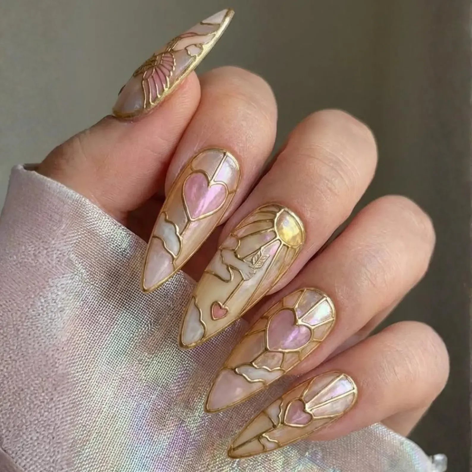 3D Cupid press on nails, stained glass heart, press on nails, custom press on nails, fake nails, Nails Art, stained glass nails, gold press on nails, 3d press on nails, luxury press on nails, handmade press on nails