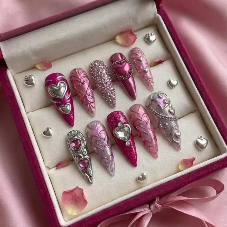 3D Cyber Cupid, Heart Press-On Nails, press on nails, custom press on nails, fake nails, Nails Art, stained glass nails, gold press on nails, 3d press on nails, luxury press on nails, handmade press on nails