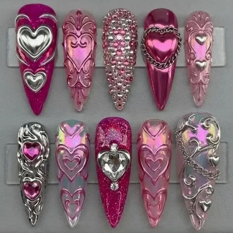 Valentine’s Day Nails, Hot Pink Nail Art, press on nails, custom press on nails, fake nails, Nails Art, stained glass nails, gold press on nails, 3d press on nails, luxury press on nails, handmade press on nails