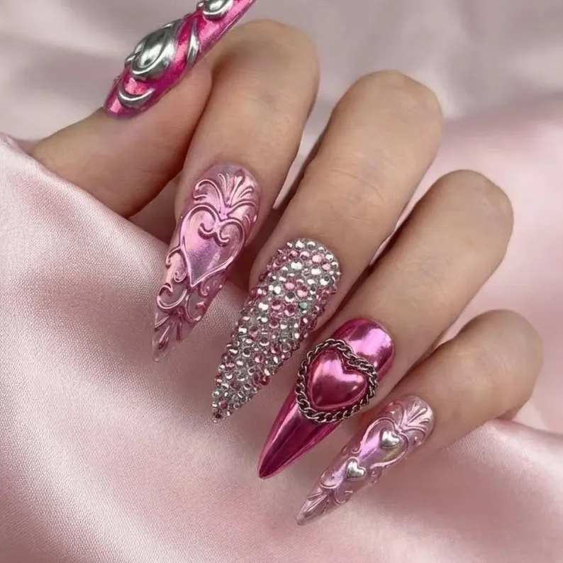 Cupid Heart Nails, Press-On Nail Set, press on nails, custom press on nails, fake nails, Nails Art, stained glass nails, gold press on nails, 3d press on nails, luxury press on nails, handmade press on nails