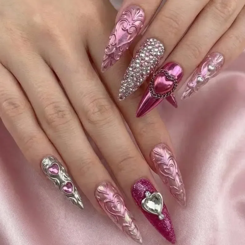3D Heart Nails, Valentine Nail Design, press on nails, custom press on nails, fake nails, Nails Art, stained glass nails, gold press on nails, 3d press on nails, luxury press on nails, handmade press on nails