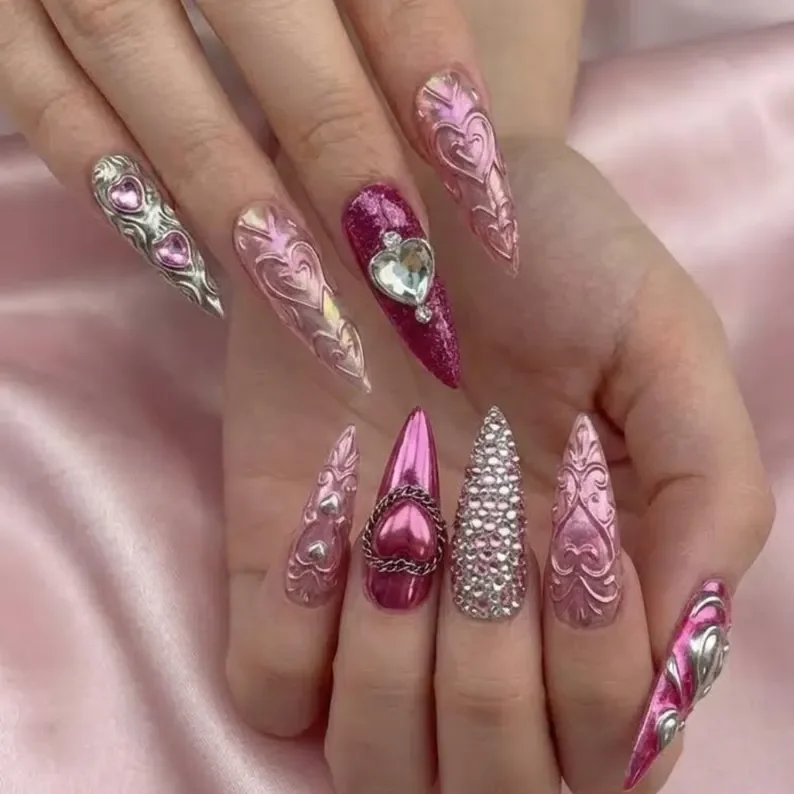 3D Cyber Cupid, Heart Press-On Nails, press on nails, custom press on nails, fake nails, Nails Art, stained glass nails, gold press on nails, 3d press on nails, luxury press on nails, handmade press on nails