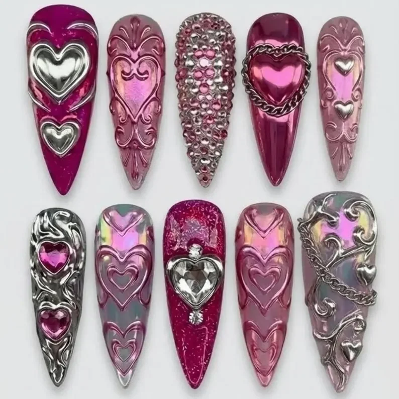 Valentine’s Day Nails, Hot Pink Nail Art, press on nails, custom press on nails, fake nails, Nails Art, stained glass nails, gold press on nails, 3d press on nails, luxury press on nails, handmade press on nails