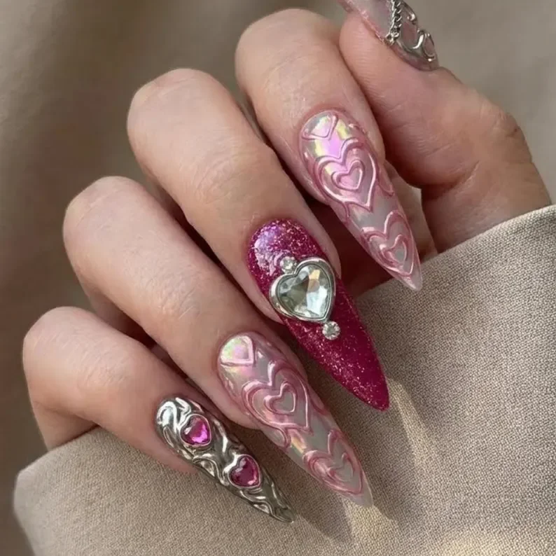 Cupid Heart Nails, Press-On Nail Set, press on nails, custom press on nails, fake nails, Nails Art, stained glass nails, gold press on nails, 3d press on nails, luxury press on nails, handmade press on nails