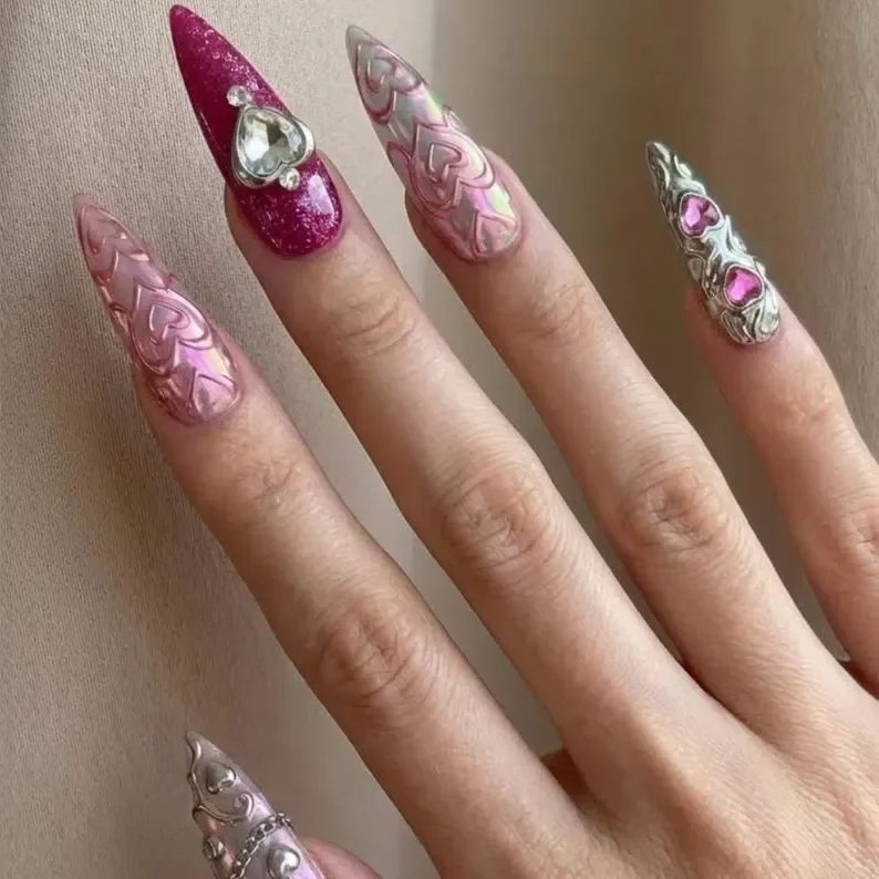 3D Heart Nails, Valentine Nail Design, press on nails, custom press on nails, fake nails, Nails Art, stained glass nails, gold press on nails, 3d press on nails, luxury press on nails, handmade press on nails