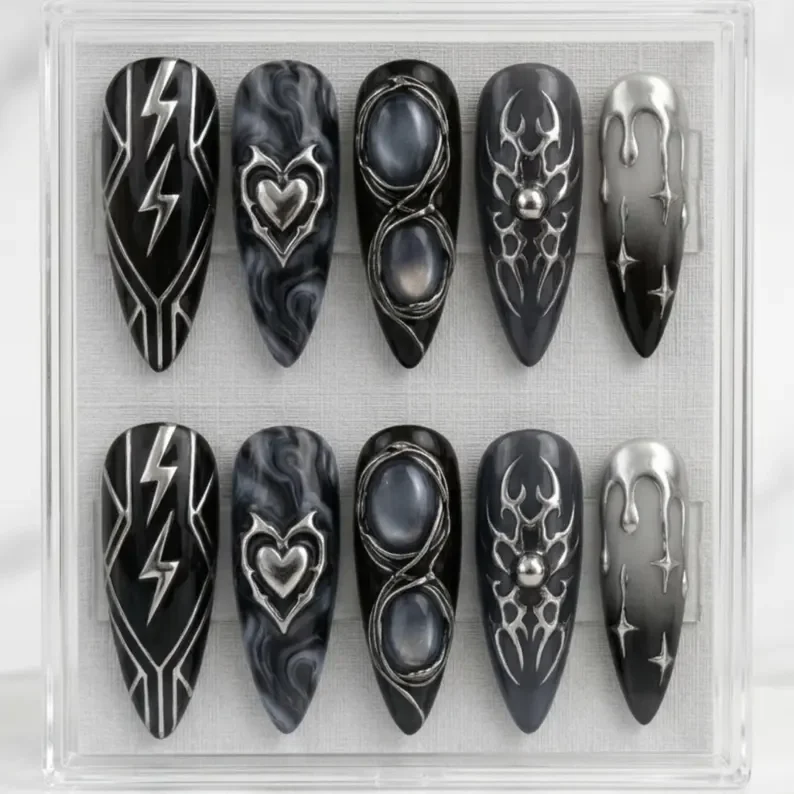3D cyber sigilism, press on nails, custom press on nails, fake nails, Nails Art, stained glass nails, gold press on nails, 3d press on nails, luxury press on nails, handmade press on nails