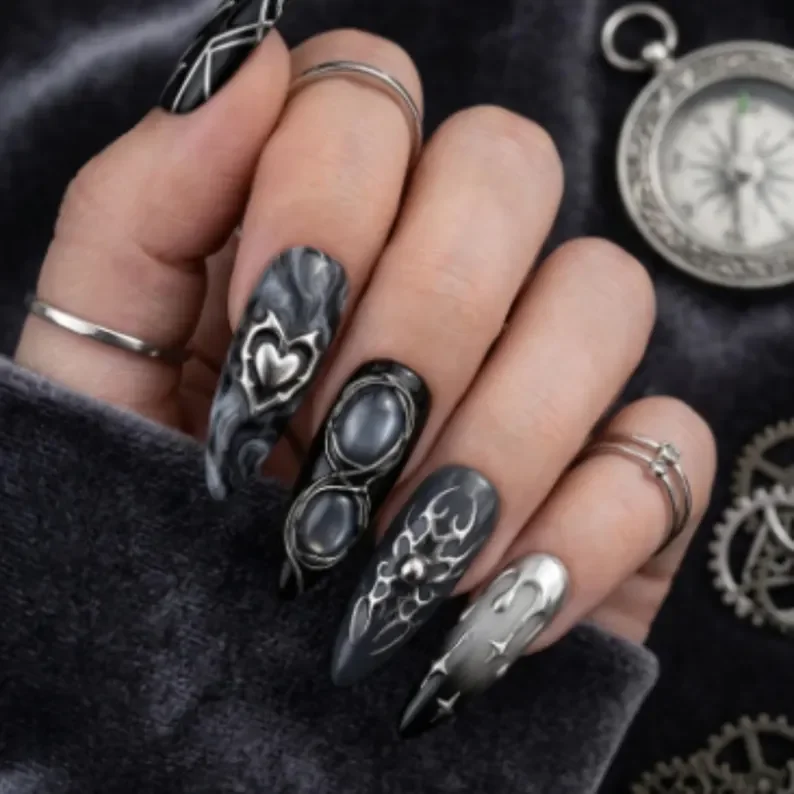 smoky marble, liquid metal, press on nails, custom press on nails, fake nails, Nails Art, stained glass nails, gold press on nails, 3d press on nails, luxury press on nails, handmade press on nails