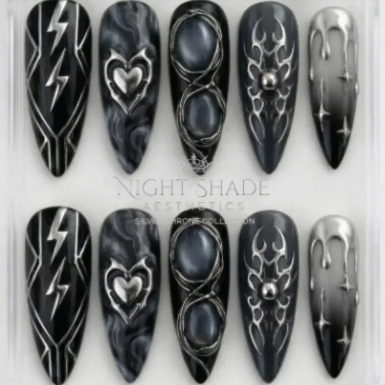 3D cyber sigilism, press on nails, custom press on nails, fake nails, Nails Art, stained glass nails, gold press on nails, 3d press on nails, luxury press on nails, handmade press on nails